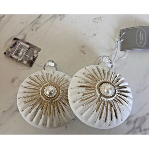 St Nicholas Square Round Sun Ray Ornaments Glass Lot of 2 Hanging Cream Gold BxY